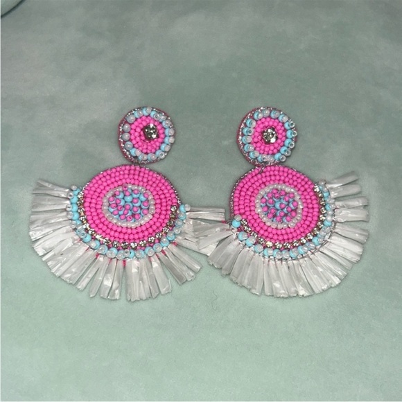 Vibrant Pink and Blue Fringe Earrings - Picture 1 of 3